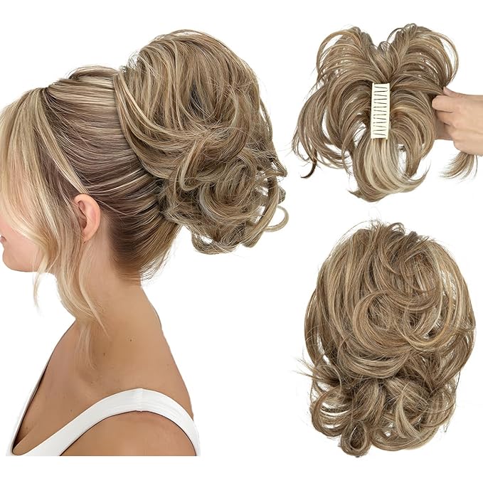 CJL HAIR Claw Clip Short Ponytail Hair Extensions DIY Bendable Metals Messy Bun Hair Piece for Wonen Wavy Curly Synthetic Fake Hairpieces Beige Multi