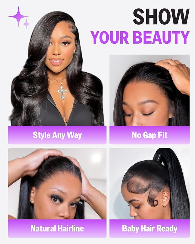 13x6 HD Lace Front Wigs Human Hair Glueless Pre Plucked Ear to Ear Bleached Knots 220% Density Straight Drawstring Wig 24 Inch
