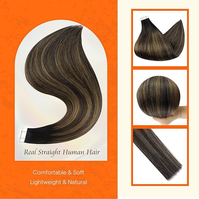 Full Shine Hair Extensions Tape in Color 1B Off Black Ombre 6 Brown Highlight 1B Black 14 Inch Invisible Remy Seamless Tape in Hair Extensions Human Hair 50 Grams 20 PCS Add Volume