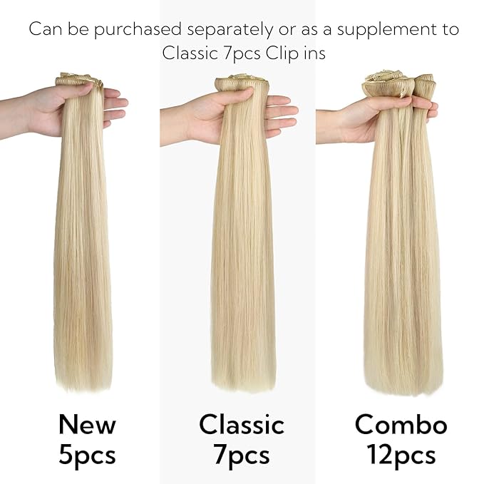 HOTBANANA Clip in hair Extensions, Ash Blonde Highlighted Platinum Blonde 5pcs Clip in Hair Extensions Real Human Hair Straight Remy Hair Extensions 16inch 85g