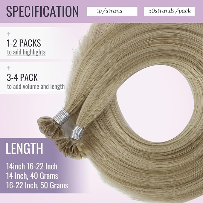 Fshine U Tip Remy Human Hair Extensions Color 16 Highlighted 22 Blonde 16 inch Pre Bonded Keratin Bondings for Extensions Hot Fusion Nail Tip 50g/50s