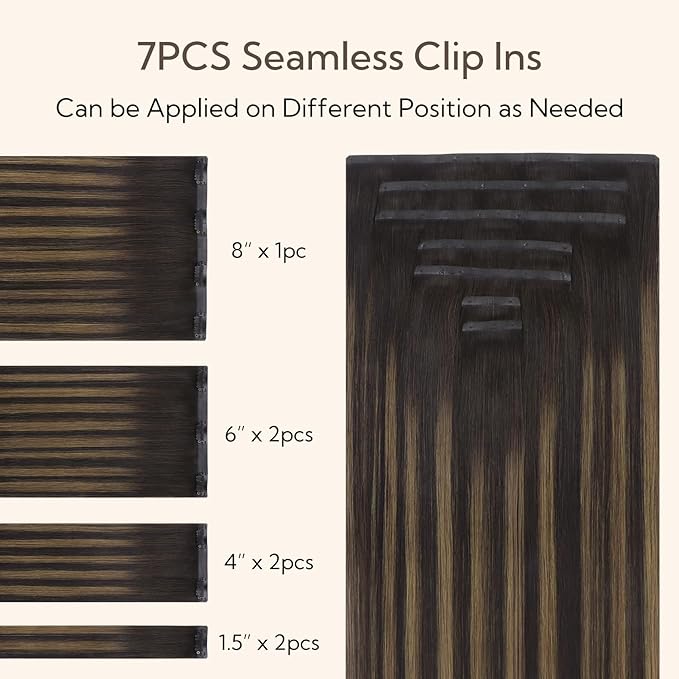 HOTBANANA Seamless Clip in Hair Extensions 16 inch 130g 7pcs Dark Brown Mixed Chestnut Brown Clip in Remy Human Hair Extensions Straight Hair Invisible PU Skin Weft