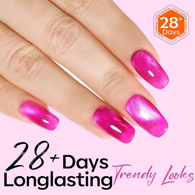 modelones Cat Eye Gel Nail Polish Pink Glitter Holographic Hot Pink Cat Eye Neon Shimmer Reflective Translucent U v Gel Magnetic Nail Polish Top Coat for Women Girl 15ML