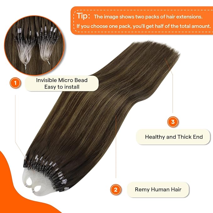 Full Shine Micro Link Hair Extensions Human Hair Color 2/8/2 Dark Brown Mixed with Ash Brown 22 Inch Long Straight Hair Micro Loop Hair Extensions 50G with 7G Micro Beads add Length