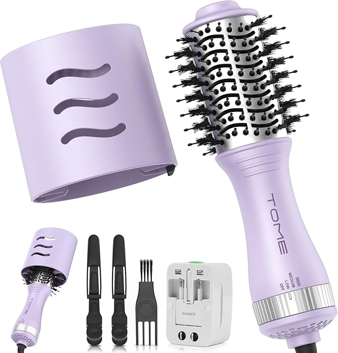 Travel Hair Dryer Brush, Dual Voltage Blow Dryer Brush, Mini Hot Air Portable 2 inch Travel Hair Dryer Styler Volumizer Oval Shape (Purple)