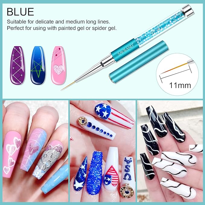 Saviland 6pcs Nail Art Liner Brushes Set: Nail Gel Polish Painting Nail Art Design Brush Pen Set with Crushed Diamond Rhinestones Handle for Pulling Lines, Sizes 7/9/11/13/17/23 mm, Christmas Gifts