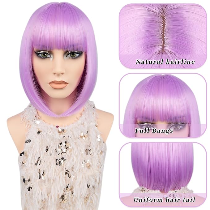 MAYSA Purple Bob Wig with Bangs for Women Short Straight Neon Bob Wig 12in Synthetic Cosplay Daily Party Colorful Wigs # Light Purple