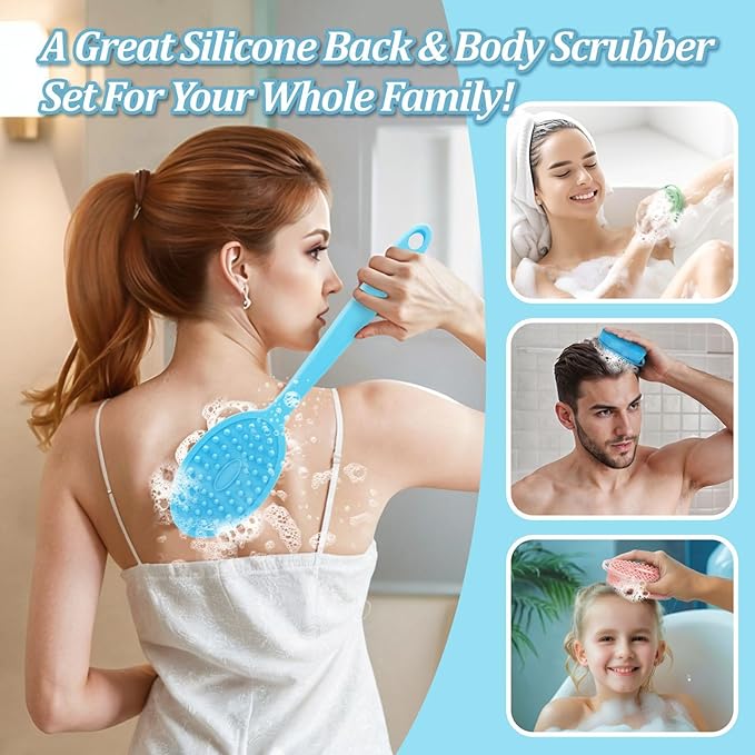 Silicone Back & Face Scrubber & Bath Glove Set 3PCS, 13.4'' Gentle Back Scrubber with Dual-Side Head, 360° Anti-Slip Bath Glove, Unique Side-bristled Face Scrubber for All-Round Cleaning(Blue)