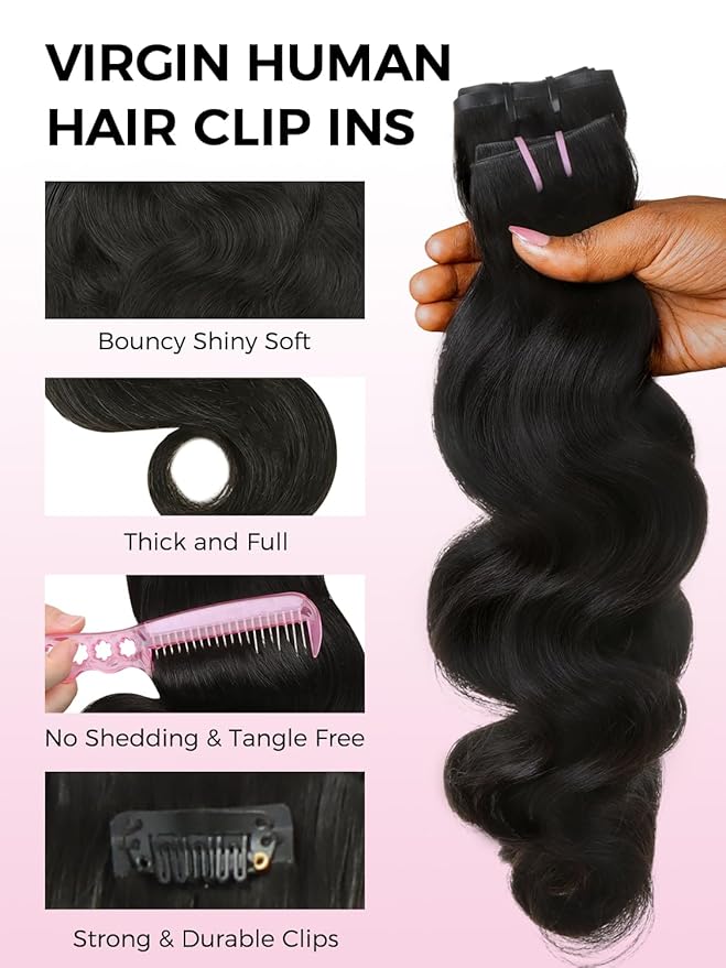Lashey Invisi Edge & Seamless Clip in Hair Extensions Human Hair, 14 Inch 110g 7pcs(5pcs Invisi Edge& 2pcs Seamless) Real Virgin Human Hair Extensions, Natural Black Body Wave Hair