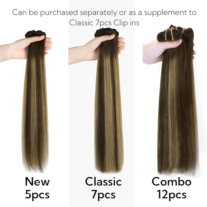 HOTBANANA Clip in Hair Extensions Real Human Hair, 5Pcs 70g 18 Inch Chocolate Brown Mixed Caramel Blonde Balayage Straight Remy Clip in Extensions
