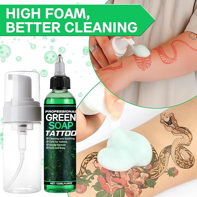Green Soap Tattoo Concentrated 4OZ with Foaming Bottle 120ml, Tattoo Soap Supplies for Piercings and Clean Skin, Effective & Gentle