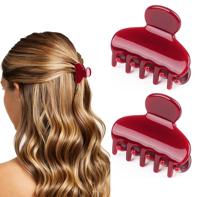 MAORULU 2 Pack Mini Acetate Hair Claw Clips – 1.6 Inch Small Durable Hair Clips for Women & Girls, Strong Hold Mini Jaw Clips for Bangs & Half Up Hairstyles (Cherry Red)