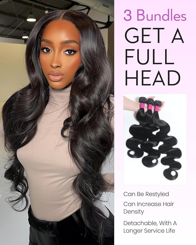 Arabella 3 Body Wave Bundles Human Hair 24 26 28 Inch Natural Black Bundles 100% Unprocessed Brazilian Virgin 10A Weave Sew in Double Weft Human Hair Bundles