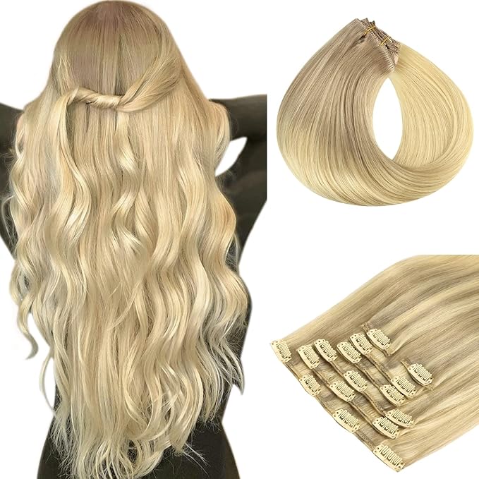 HOTBANANA Human Hair Clip in Hair Extensions, Ash Blonde to Golden Blonde and Platinum Blonde Hair Extensions 120g Clip in Hair Extensions Real Human Hair Straight Remy Hair 22 Inch 7pcs