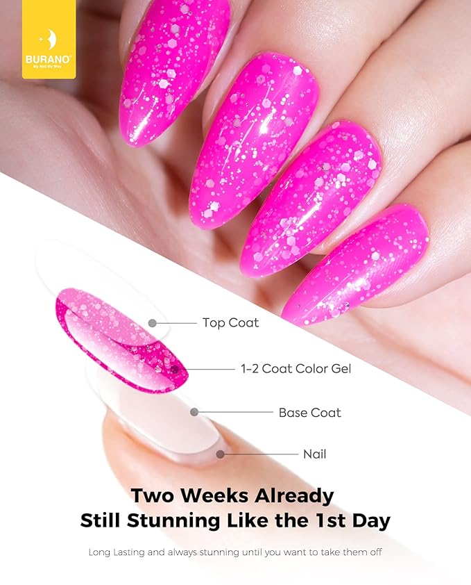 BURANO Glitter Gel Nail Polish, LED UV Nail Gel Shimmer Holographic Effect Soak off Gel Curing Required, No Chip Gel Polish Sparkle Gel Home DIY Nail Salon (Hot pink LP6)