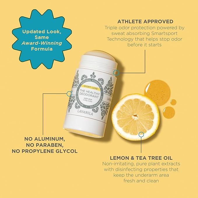 Lavanila Sport Luxe (2-Pack) Aluminum-Free Solid Stick Deodorant for Men & Women - Vegan, Clean, and Natural (2.2 Ounce Each)