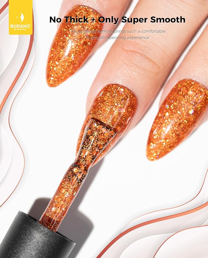 BURANO Glitter Gel Nail Polish - LED UV Curing, Holographic Effect, No Chip Sparkle Gel, Home DIY Nail Salon (Fall LP39)