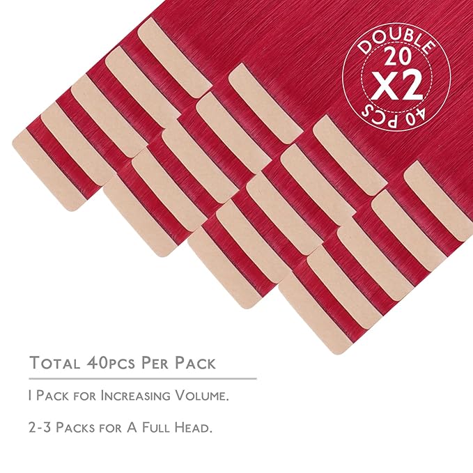 WENNALIFE Tape in Hair Extensions, 40pcs 80g 12 Inch Red Human Hair, Straight Invisible Reusable Real Extensions