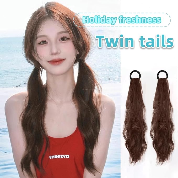 2PCS Curly Ponytail Extension with Hair Tie Hair Natural Wig Elastic Band Wave Fake Ponytail Wigs Accessories for Women Daily 17 Inch (2pcs-ash brown)
