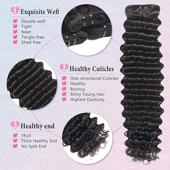 12A 3Bundles Human Hair 20 22 24 lnch Deep Wave Bundles Human Hair 100% Unprocessed Virgin Deep Curly Bundles Extensions Natural Black
