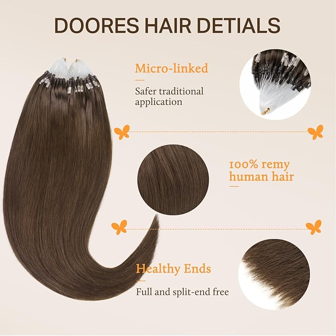 DOORES MicroBead Hair Extensions Real Human Hair, Chocolate Brown 16 Inch 50g/50s, Silky Straight Real Hair Extensions, Invisible Hair Extensions Human Hair