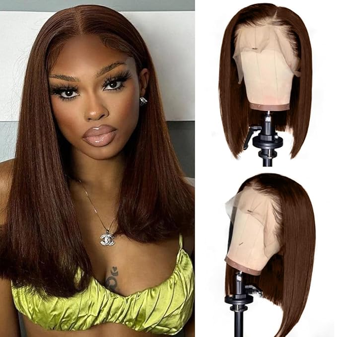 LICHANG Bob Chocolate Brown 13x4 Straight HD Transparent Lace Front Wig 200% Density 16 Inch