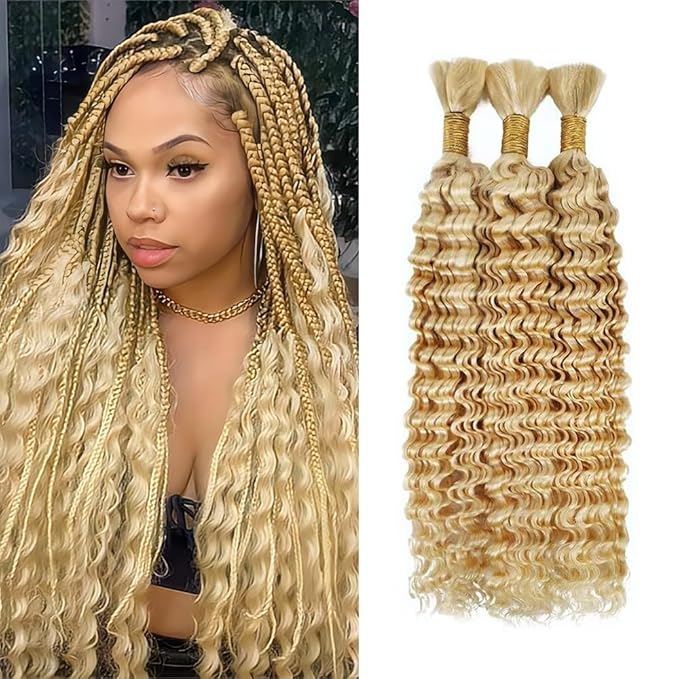 24 inch 613 Blonde Human Braiding Hair for Boho Braids 613 Deep Wave Human Bulk Braiding Hair 150g Honey Blonde Deep Wave 3 Bundles