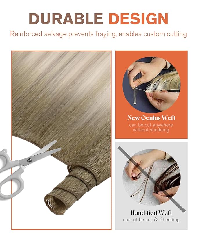 Sunny Hair Genius Weft Hair Extensions Human Hair Blonde Ombre Human Hair Genius Weft Sew In Extensions Ash Blonde Roots to Platinum Blonde Sew In Human Hair Extensions For Women 18 Inch 60G
