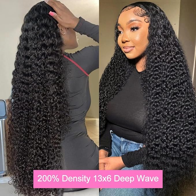 13x6 Deep Wave Lace Front Wigs Human Hair 200% Density HD Lace Front Wigs Human Hair for Women Glueless Pre Plucked Bleached Knots Lace Front Wig Deep Curly Wig Nature Color(Black, 30inch)