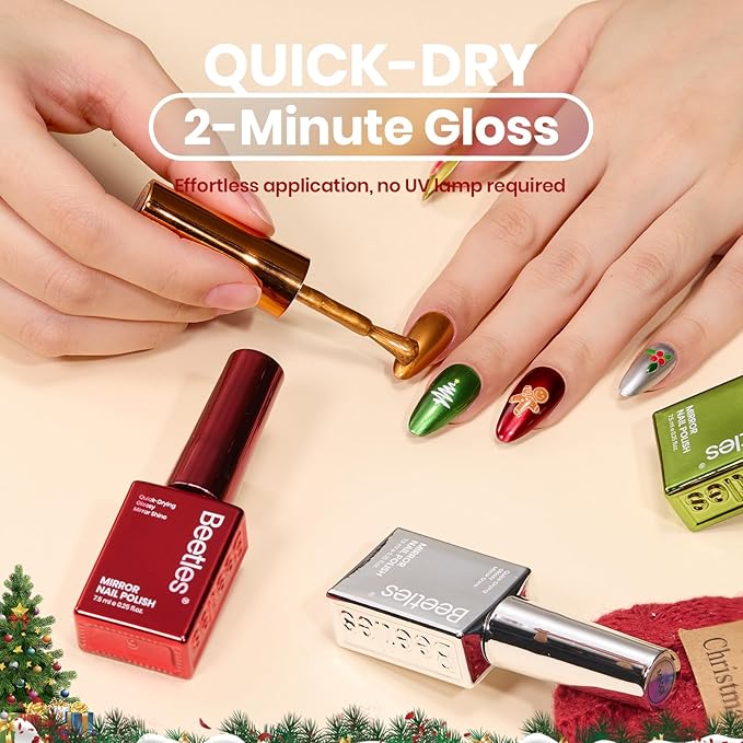 Beetles Chrome Metallic Nail Polish Set - Jingle Jewels 6 Colors Quick-Drying Glossy Mirror Nail Polish Shiny Chrome Effect Fingernail Polish DIY Nail Art Christmas Gift for Women Salon Home