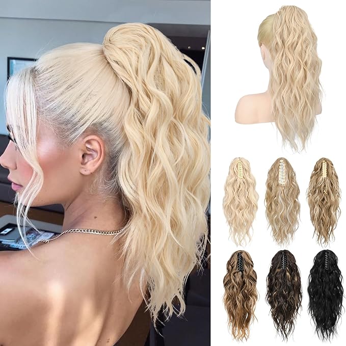 LONAI Ponytail Extension, 18" Blonde Wavy Claw Clip Ponytail Extensions ZJ001 Shoulder Length Curly Wavy Claw Clip in Ponytail Hair Extensions Synthetic Fake Pony tails Hairpieces-Platinum Blonde