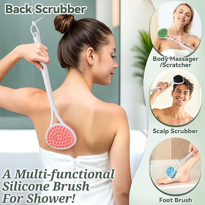 Silicone Back Body Face Scrubbers Set 4PCS, 15.35’’ Back Scrubber Soft Body Scrubber for Dual-Side Usage, Easy-to-Hold Soft Bath Glove & Face Scrubber for Good Foaming Deep Cleaning(Pink)