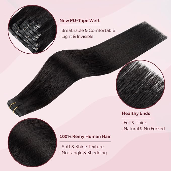 Clip in Hair Extensions Real Human Hair Natural Black Seamless Clip In 100% Remy Hair Extensions PU Skin Weft Add Volume Invisible for Long Straight Hair #1B 16Inch 120G 8PCS