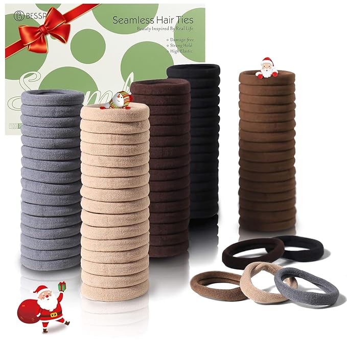 100 Pcs Thick Seamless Brown Hair Ties, Ponytail Holders Hair Accessories No Damage for Thick Hair Christmas Gift(Natural Colors)