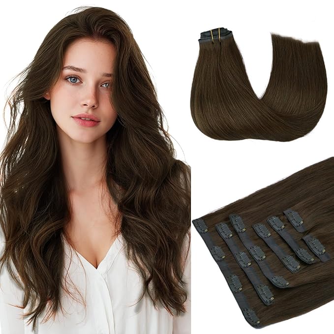 HOTBANANA Seamless Clip in Hair Extensions 16 inch 130g 7pcs Chocolate Brown Clip in Remy Human Hair Extensions Straight Hair Invisible PU Skin Weft