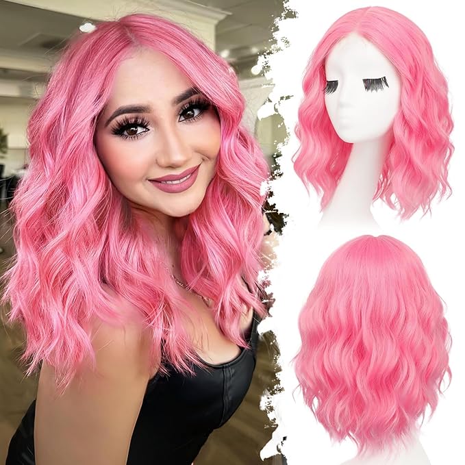 Pink Short Wavy Wig for Women Lace Hairline Bob Style Synthetic Heat Resistant - Natural Appearance for Everyday Hairstyle 14 Inch