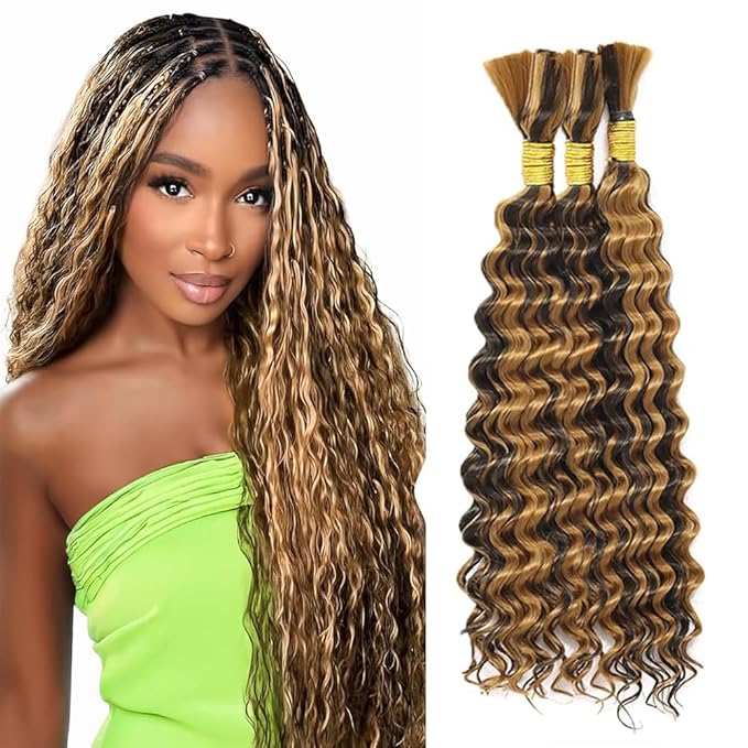 34 34 34 Inch Honey Blonde Human Braiding Hair Deep Wave Bulk for Braiding P427 Deep Wave Bulk Human Hair Weave 3 Bundles 150g P4/27 Wet and Wavy Bundle