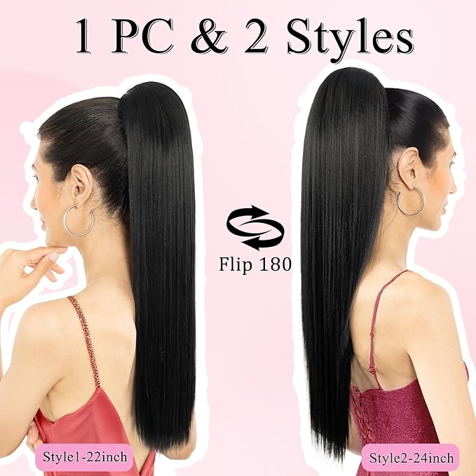 Ponytail Extension, 24" Long Straight Claw Clip Ponytail Extension clip on ponytails hair clip Hair claw clip Fake Ponytail Hairpieces for Women - Jet Black