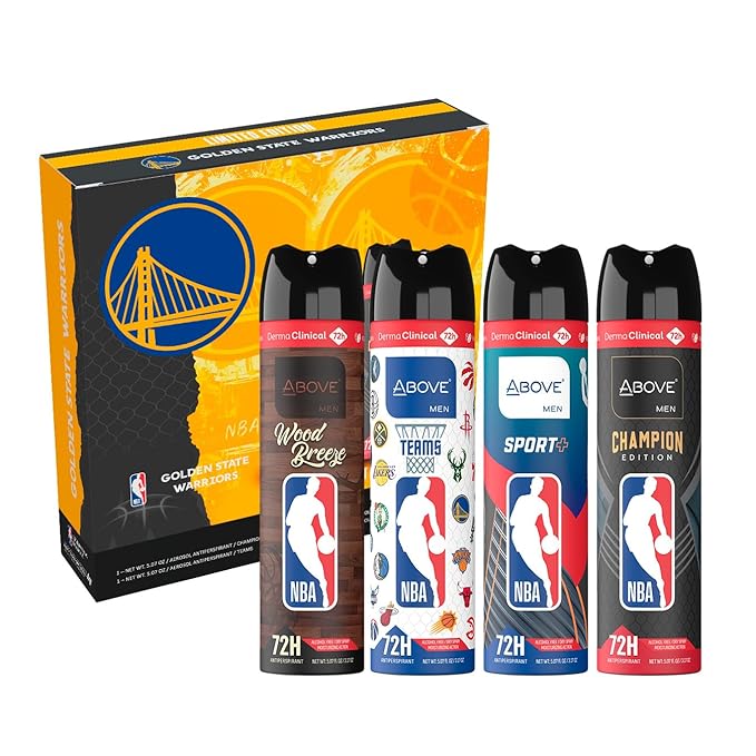 Above NBA – GOLDEN STATE WARRIORS Deodorant Gift Set – A Giftable Set for WARRIORS Fans – Antiperspirant Spray, 4 Signature Scents, 72h Protection, Dry Spray, No Stains – 5.07 oz, Pack of 4