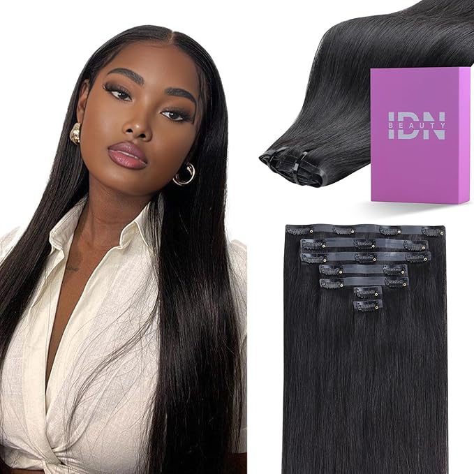 IDN BEAUTY Seamless Clip In Hair Extensions Human Hair, 120g 24 Inch Straight Natural Black Real Virgin Human Hair Seamless Clip Ins For Black Women PU Weft Invisible Edge 7pcs Thick Enhancement