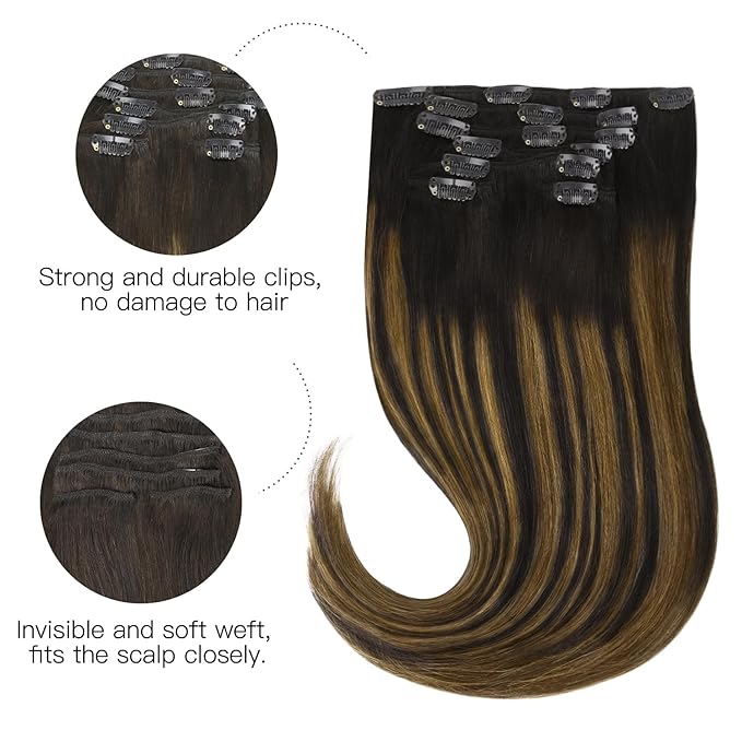 HOTBANANA Human Hair Clip in Hair Extensions, Balayage Natural Black to Golden Brown 120g Clip in Hair Extensions Real Human Hair Straight Remy Hair Clip Ins 16 Inch 7pcs