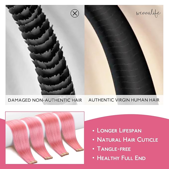 WENNALIFE Tape in Hair Extensions Human Hair Peach Pink Tape in Extensions, 10pcs 30g 24 inch Remy Invisible Tape Ins Straight Colored Soft Real Human Hair Tape in Extensions Refill Set Extensions