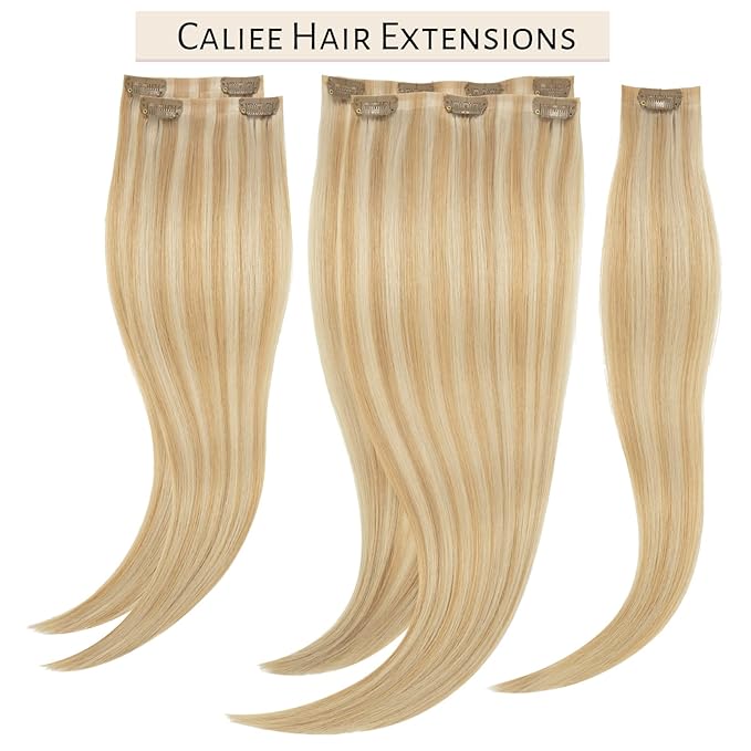 Caliee 18Inch Seamless Clip in Hair Extensions Real Human Hair Balayage P12-60A Dark Ash Blonde Mixed Platinum Blonde Hair Extensions Human Hair Straight Full Head 110G 7Pcs