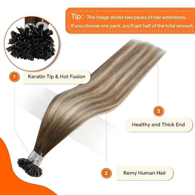 Full Shine U Tip Human Hair Extensions 20 Inch K Tip Hair Extensions Real Human Hair Balayage Color 3 Fading to 8 and 22 Blonde Nail Tip Extensions 50 Grams Remy Hair