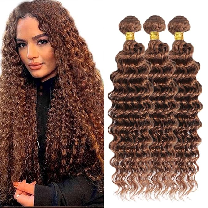 30 32 34 Inch Brown Bundles Human Hair #30 Dark Brown Deep Wave 3 Bundle Unprocessed Brazilian virgin hair Weave Extensions Double Weft 50 Grams/Bundle Colored Brown Bundles for Woman