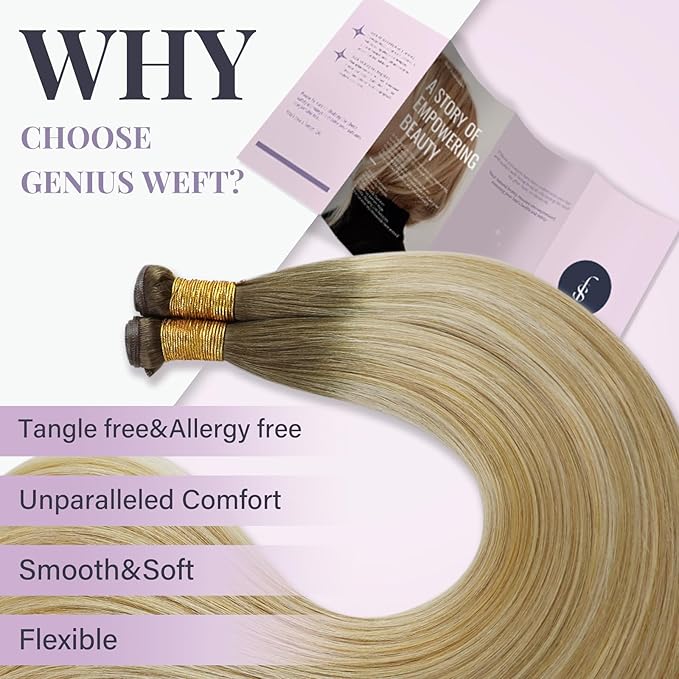 Fshine Genius Weft Hair Extensions Sew in Human Hair Color Chestnut Brown to Honey Blonde Mix Platinum Blonde Genius Weft Hair Extensions for Women 24 Inch 60g