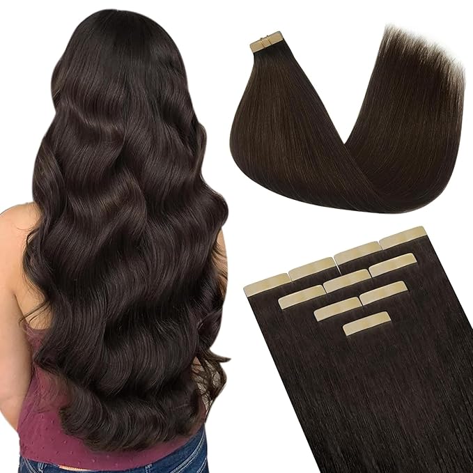 DOORES Hair Extensions Tape in Human Hair, Light Dark Brown 24 Inch 30g 10pcs, Tape in Human Hair Extensions Straight Remy Hair Extensions Double Side Tape Skin Weft