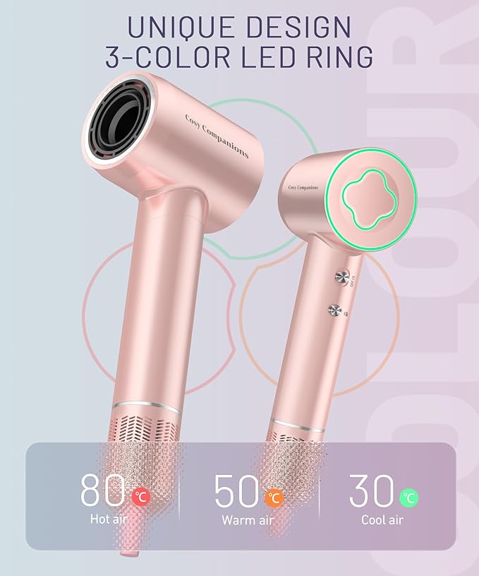 Hair Dryer - 150000 RPM High-Speed Brushless Motor Negative Ionic Blow Dryer for Fast Drying, Low Noise Thermo-Control Hair Dryer with Diffuser and Nozzle, Gleaming Pink