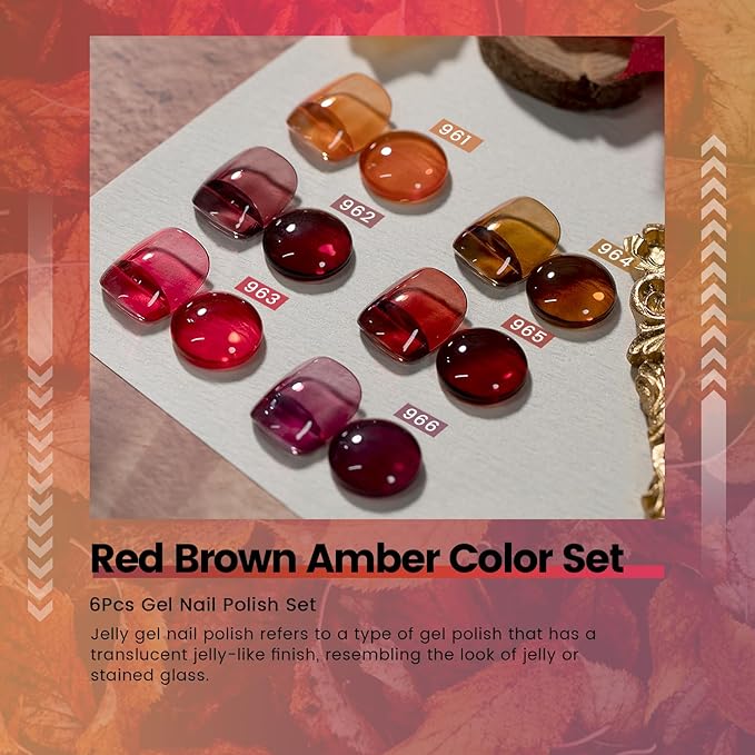 RARJSM Fall Jelly Gel Nail Polish Set 6pcs Clear Crytal Glass Orange Burgundy Red Gray Mauve Brown Series Transparent Sheer Amber Gel Varnish LED UV Curing Requires Soak off Autumn French Manicure