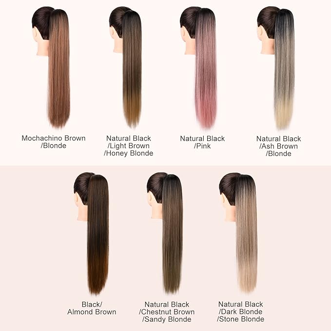 SEIKEA 28" Drawstring Ponytail Extension for Black Women Long Straight Fake Hair Natural Soft Clip in Hair Extensions Synthetic Heat Resistant Hairpiece Natural Black/Pink
